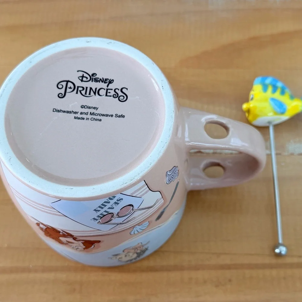 DISNEY Ariel & Flounder Ceramic Mug w/Stirrer Little Mermaid Princess Sebastian